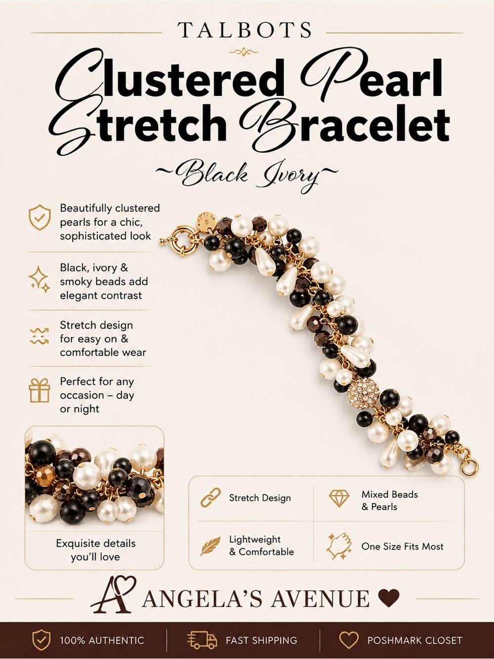 Talbots Clustered Pearl Stretch Bracelet Black Ivory NEW